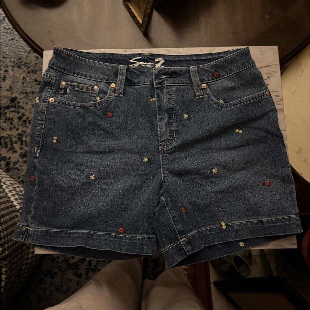 Seven7 Floral Embroidered Blue Denim Shorts